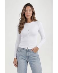 Boohoo - Petite Rib Button Through Long Sleeve Top - Lyst
