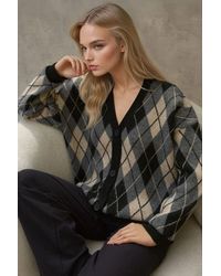 Hiccup - Long V-Neck Geometric Knitwear Cardigan With Buttons - Lyst