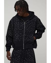 BoohooMAN - Washed Rhinestone Boxy Oversized Zip Up Denim Hoodie - Lyst