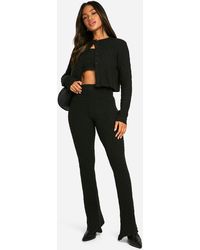 Boohoo - Soft Cable Knitted Cardigan, Crop Top And Flare Leg Trouser 3 Piece Set - Lyst