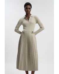 Karen Millen - Knitted Zip Neck Pu Mix Pleated Midi Dress - Lyst