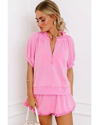 Azura Exchange - Half Zip Puff Sleeve Top And Ruffled Shorts Set - Lyst