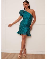Chi Chi London - One Shoulder Puff Sleeve Floral Cut Out Mini Dress - Lyst