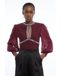 Karen Millen - Bandage Embellished And Chiffon Sleeve Figure Form Knit Top - Lyst