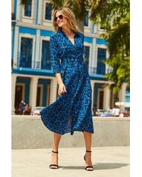 Sosandar - Cobalt Animal Print Belted Midi Shirt Dress - Lyst