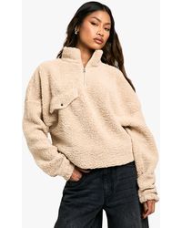 Boohoo - Borg Pocket Detail Half Zip Sweatshirt - Lyst