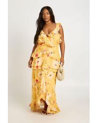 Boohoo - Plus Floral V Neck Chiffon Ruffle Maxi Dress - Lyst