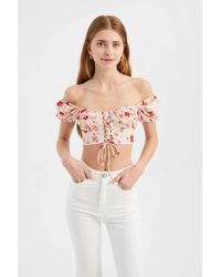 Hiccup - Floral Sweetheart Neck Crop Top With A Puff Sleeve - Lyst