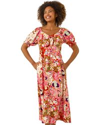 Roman - Floral Print Tie Front Midi Dress - Lyst