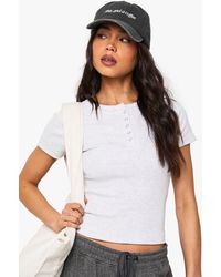 Boohoo - Rib Popper Neckline Crew Neck Top - Lyst