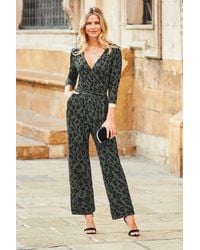 Sosandar - Khaki Print Wrap Front Wide Leg Jumpsuit With Pockets - Lyst
