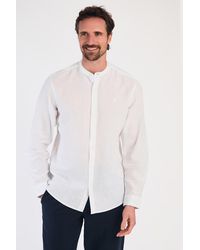 Nines - Linen Blend Long Sleeve Button-Up Shirt With Grandad Collar - Lyst