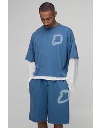 BoohooMAN - Oversized Boxy B Applique Faux Layer Washed T-Shirt And Short Set - Lyst