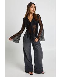 Boohoo - Sheer Lace Ruffle Blouse - Lyst