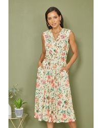 Yumi' - Floral Print Mesh Stretch Midi Dress With Pockets - Lyst