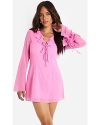 Boohoo - Chiffon Ruffle Front Tie Sleeve Shift Dress - Lyst