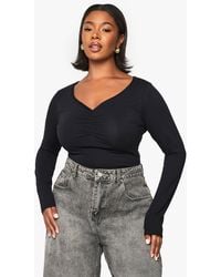 Boohoo - Plus Lace Trim Ruched Long Sleeve Top - Lyst