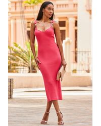 Sosandar - Coral Chain Strap Detail Ribbed Midi Dress - Lyst
