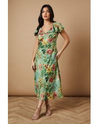 Oasis - Floral Satin Burnout Ruffle Midi Dress - Lyst