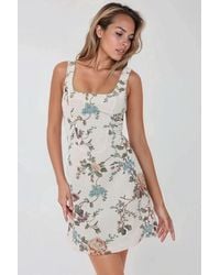 Hiccup - Square Neck Flower Pattern Linen Feel Mini Dress - Lyst