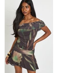 Boohoo - Blurred Floral Print Mesh Bardot Ruched Body Skater Dress - Lyst