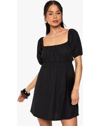 Boohoo - Linen Puff Sleeve Smock Mini Dress - Lyst