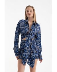 Hiccup - Floral Polo Collar Tie Front Side Cut Out Long Sleeve Mini Dress - Lyst