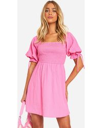 Boohoo - Textured Puff Sleeve Smock Dress - Lyst