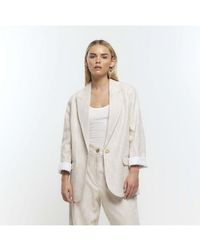 River Island - Blazer Petite Beige Rolled Sleeve With Linen Cotton - Lyst