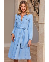 Sosandar - Light Wash Denim Midi Shirt Dress - Lyst