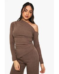 Boohoo - Rib Asym Neckline Ruched Long Sleeve Top - Lyst