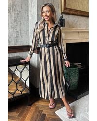 AX Paris - Striped Print Button Front Belted Shirt Midi Dress - Lyst