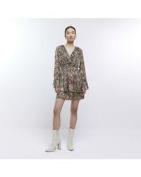 River Island - Skater Mini Dress Brown Animal Print Frill - Lyst