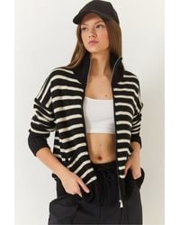 Bianco Lucci - Striped Zip-Up Knitwear Cardigan With Pockets - Lyst