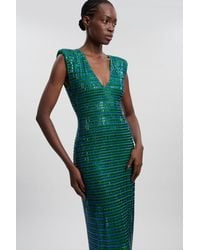 Karen Millen - Premium Crystal Embellished Jersey Sleeveless Plunge Neck Midi Dress - Lyst