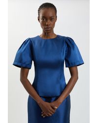 Karen Millen - Satin Twill Puff Sleeve Top - Lyst