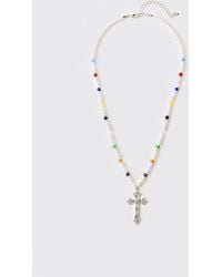 BoohooMAN - Gem And Cross Mock Pearl Necklace - Lyst
