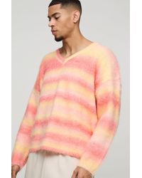 BoohooMAN - Oversized Boxy Brushed Stripe V Neck Knitted Sweater - Lyst
