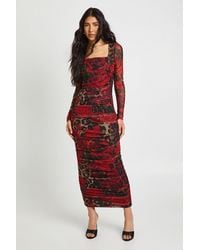 Boohoo - Tall Floral Mesh Square Neck Ruched Midi Dress - Lyst