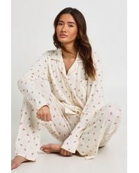 Boohoo - Bow Print Pointelle Long Sleeve Shirt & Trousers Pyjama Set - Lyst