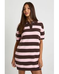 Boohoo - Stripe Collared Oversized Knitted Dress - Lyst