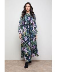Oasis - Printed Lace Trim Balloon Sleeve Midi Smock Dress - Lyst
