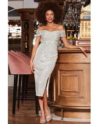 Sosandar - Champagne Sequin Bardot Midi Dress - Lyst