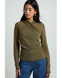 Boohoo - Sheer Textured Wrap Neck Long Sleeve Top - Lyst