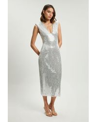 Karen Millen - Premium Crystal Embellished Jersey Sleeveless Plunge Neck Midi Dress - Lyst