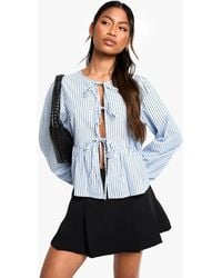 Boohoo - Stripe Tie Front Puff Long Sleeve Smock Top - Lyst
