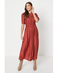 Oasis - Petite Shirred Bodice Puff Sleeve Midi Dress - Lyst