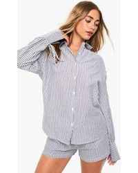 Boohoo - Crinkle Stripe Tie Cuff Shirt And Short Co-Ord - Lyst