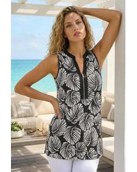 Roman - Leaf Print Zip Front Stretch Top - Lyst