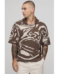 BoohooMAN - Oversized Boxy Abstract Face Graphic Knitted Polo - Lyst